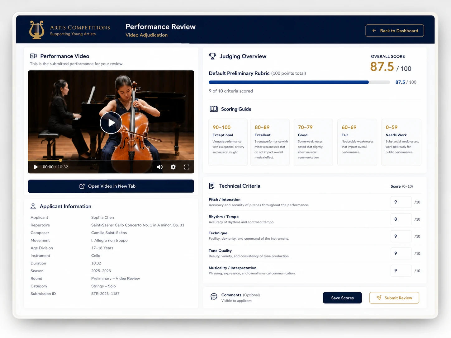 Encore Arts Suite video adjudication and performance review workspace