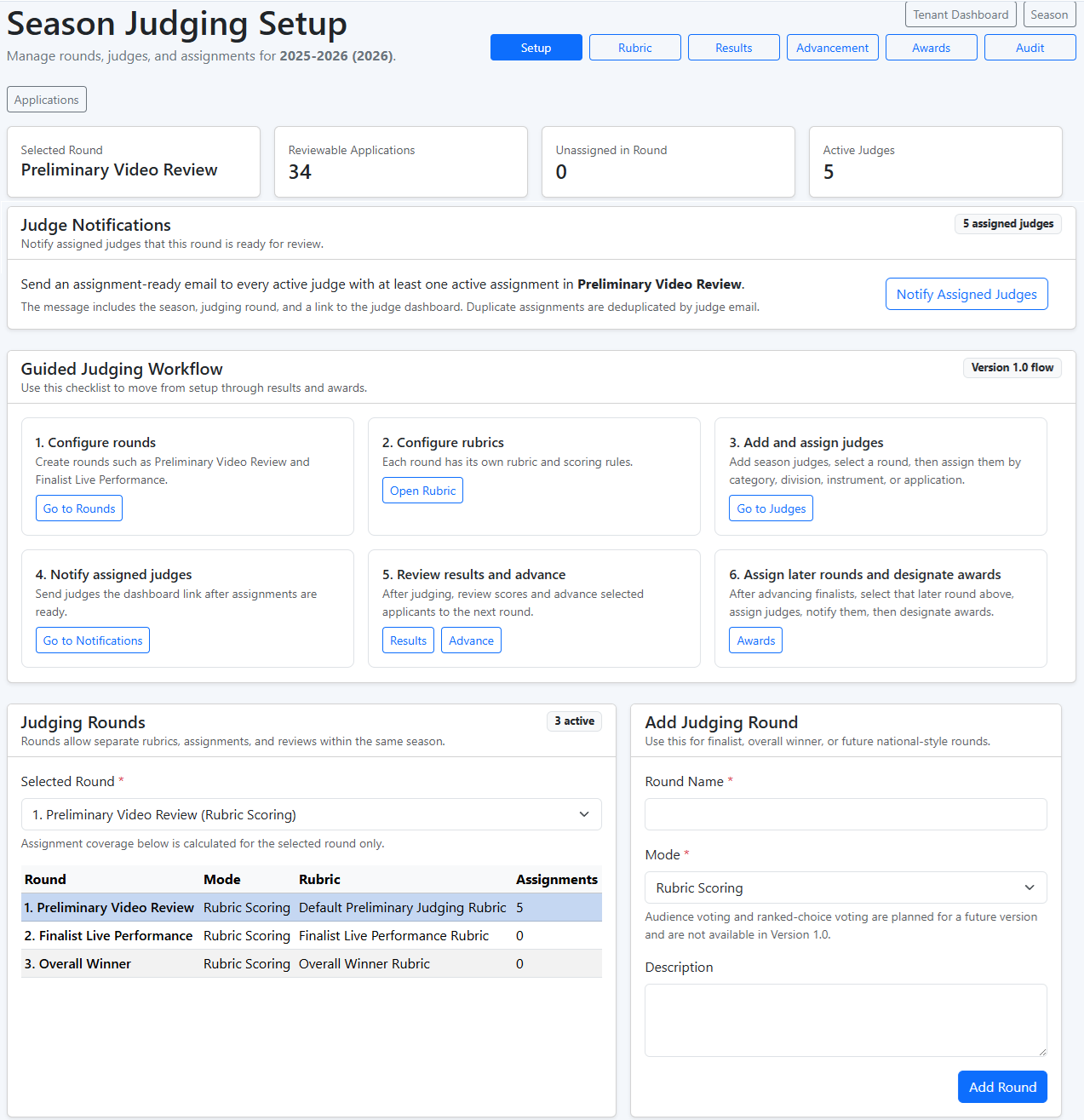 Encore Arts Suite season judging setup showing notifications, workflow, and rounds