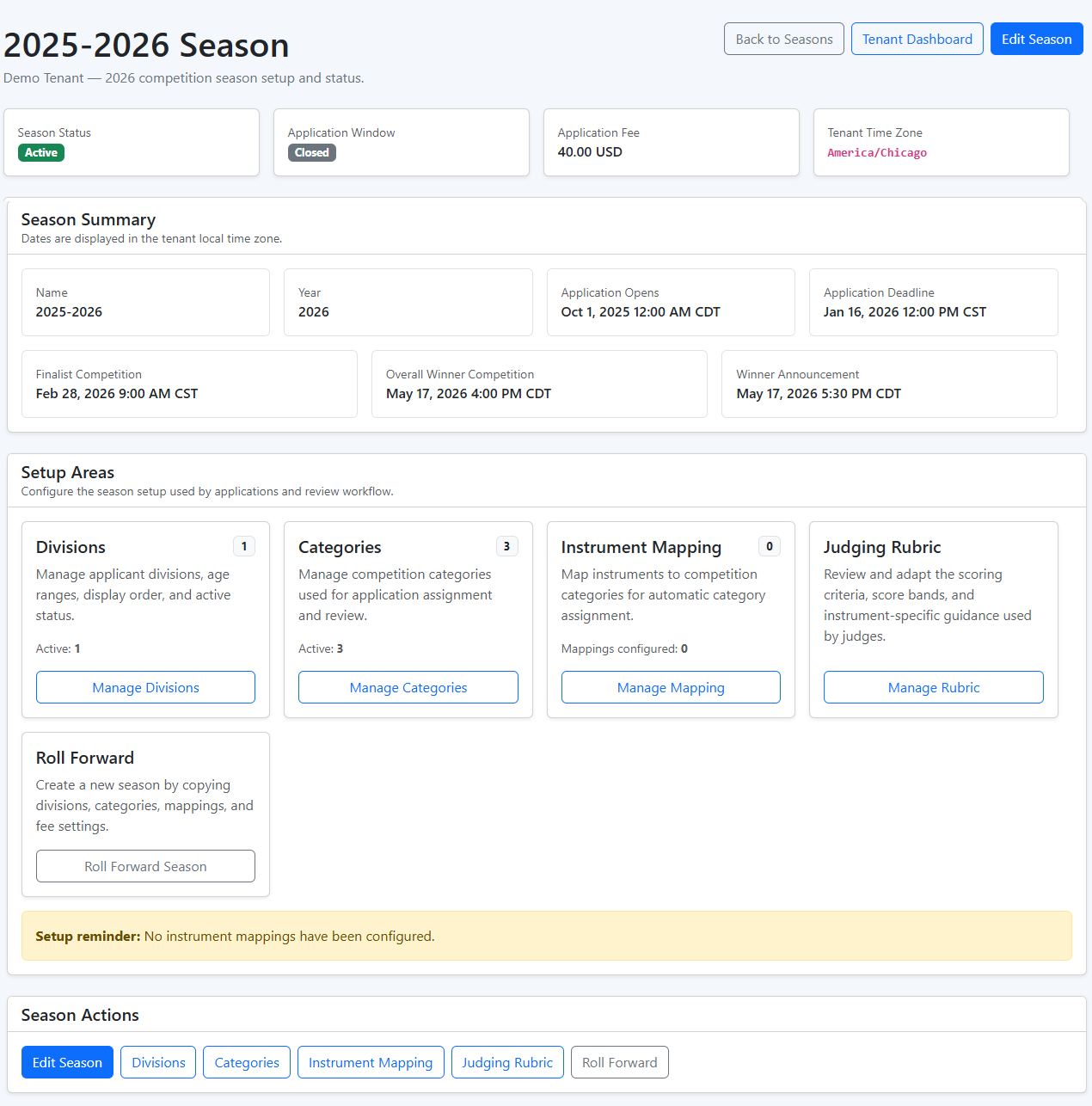 Encore Arts Suite season setup showing competition dates, divisions, categories, instrument mapping, judging rubric, and season roll-forward