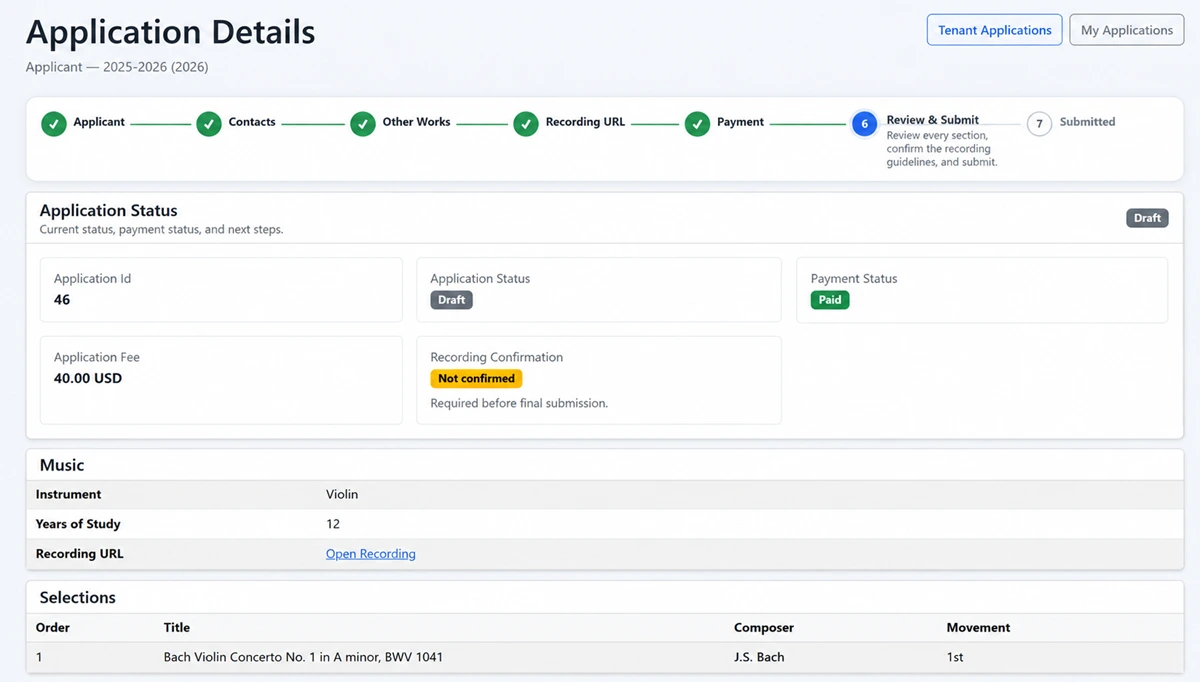 Encore Arts Suite application details showing a paid application fee, recording confirmation status, violin information, and submission progress