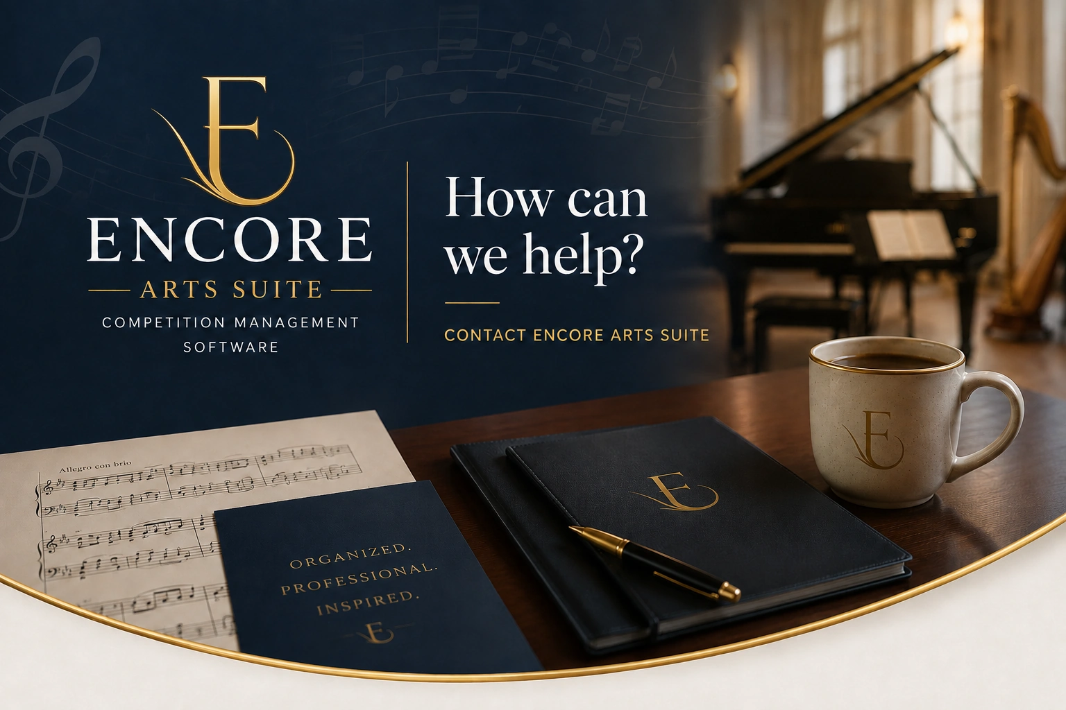 Encore Arts Suite contact page visual with branded correspondence materials, sheet music, and a concert hall setting