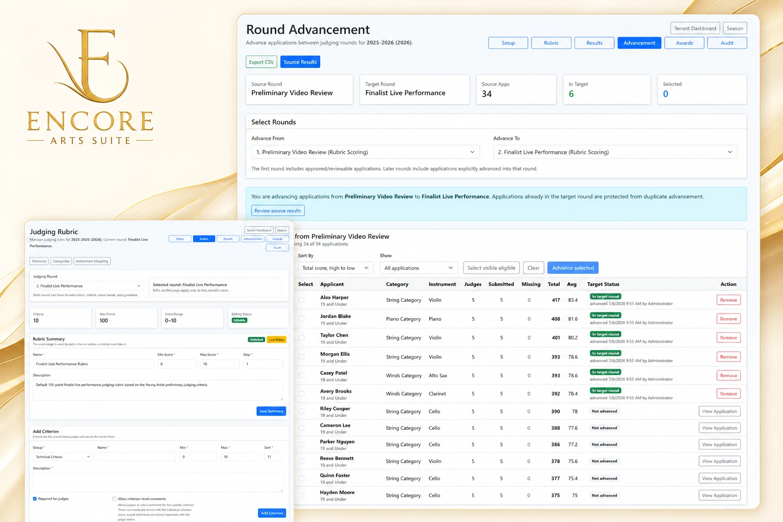 Encore Arts Suite round advancement workspace showing configured judging rounds, finalist selection, applicant scores, advancement status, and manual controls for moving selected applicants into the finalist round