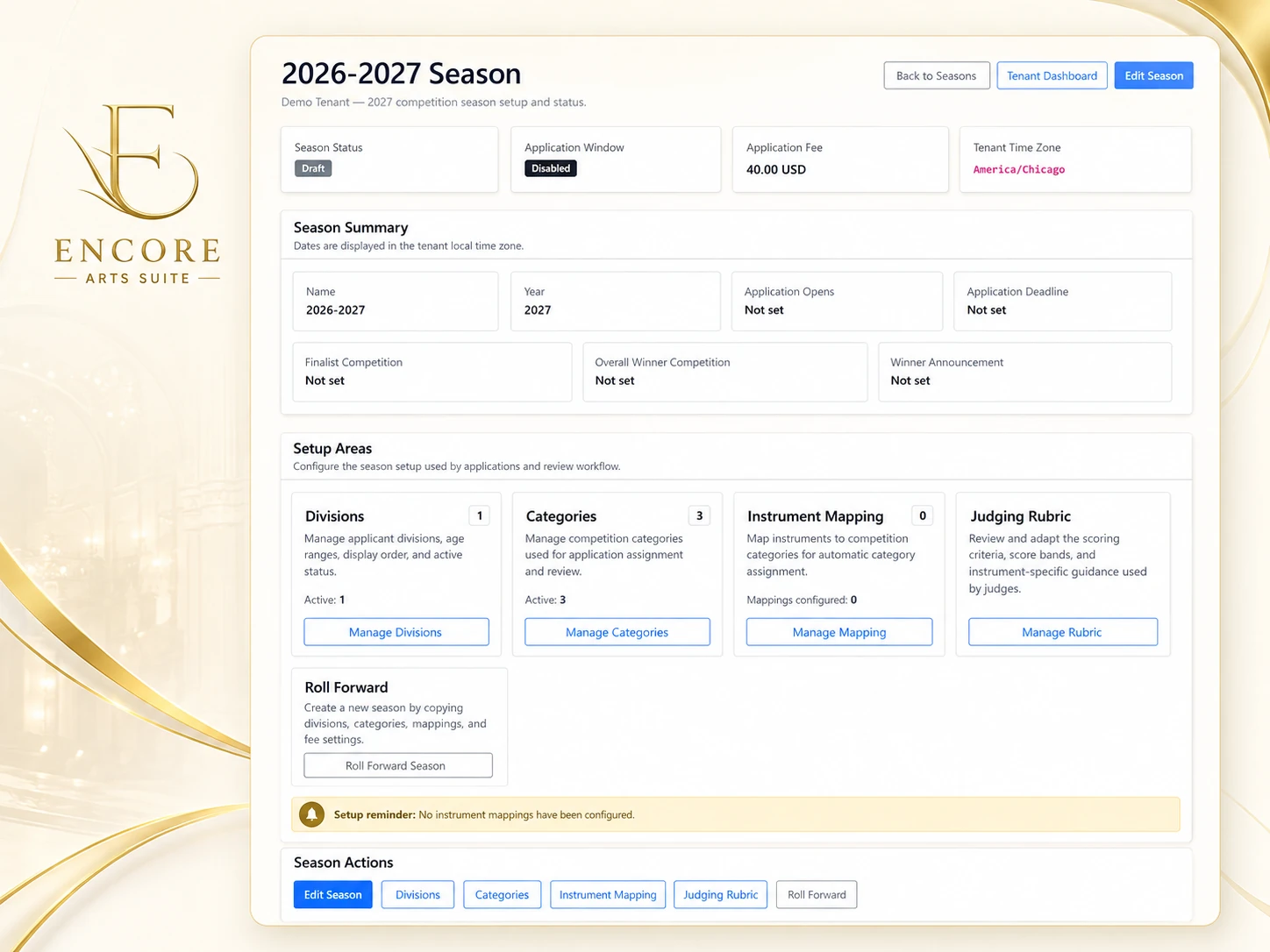 Encore Arts Suite season setup dashboard showing competition dates, application settings, divisions, categories, instrument mapping, judging rubric, and readiness reminders