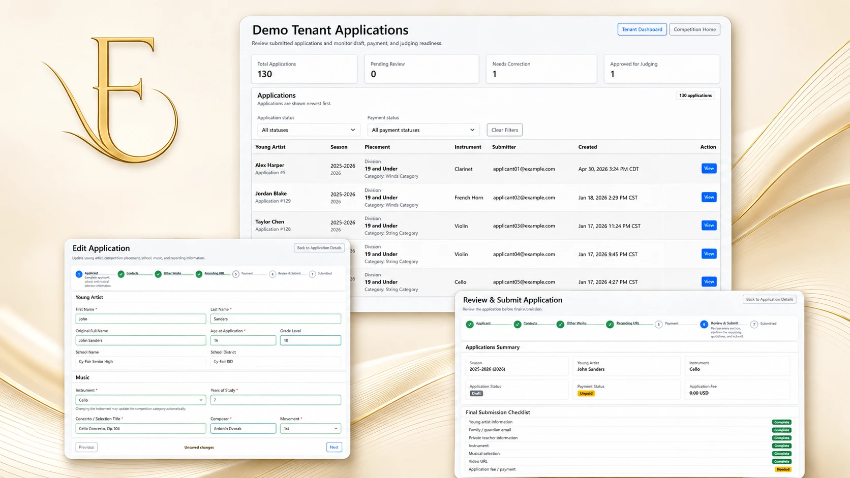 Encore Arts Suite application workflow showing applicant entry, review and submission, and tenant application management