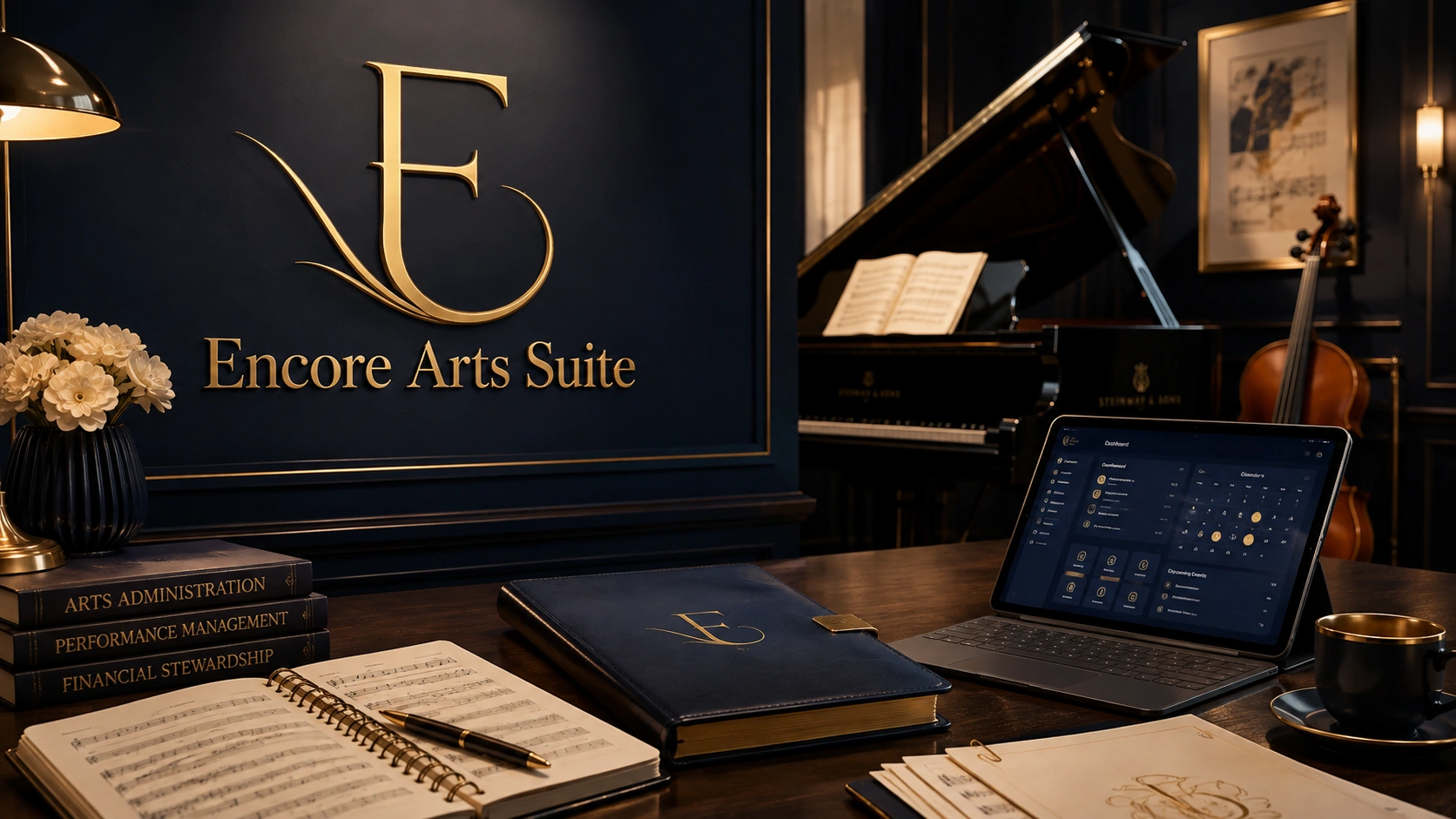 Encore Arts Suite branded arts-administration workspace with piano, music materials, and competition-management software