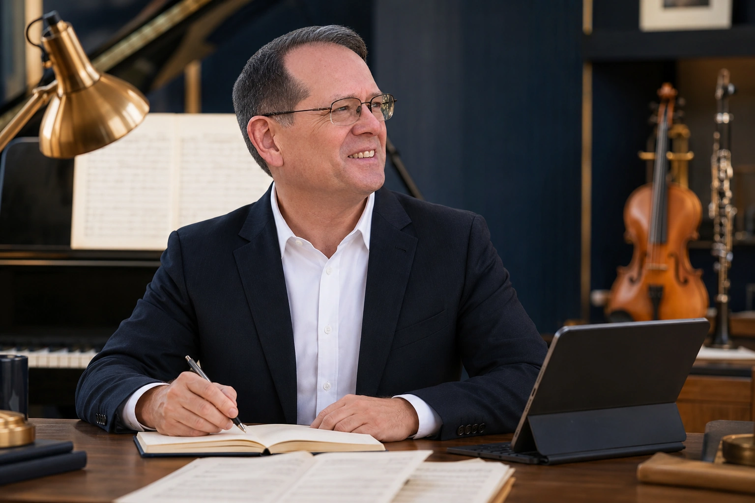 Encore Arts Suite founder Steve Sands in a music studio with piano, orchestral instruments, sheet music, and a computer